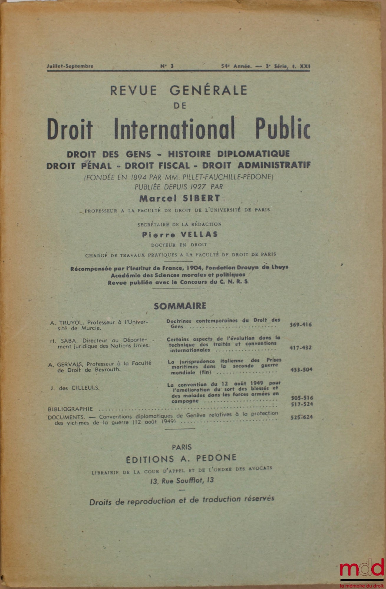 Periodical – GENERAL REVIEW OF PUBLIC INTERNATIONAL LAW, 54th year, 3rd series, July-Sept. No. 3, Vol. XXI