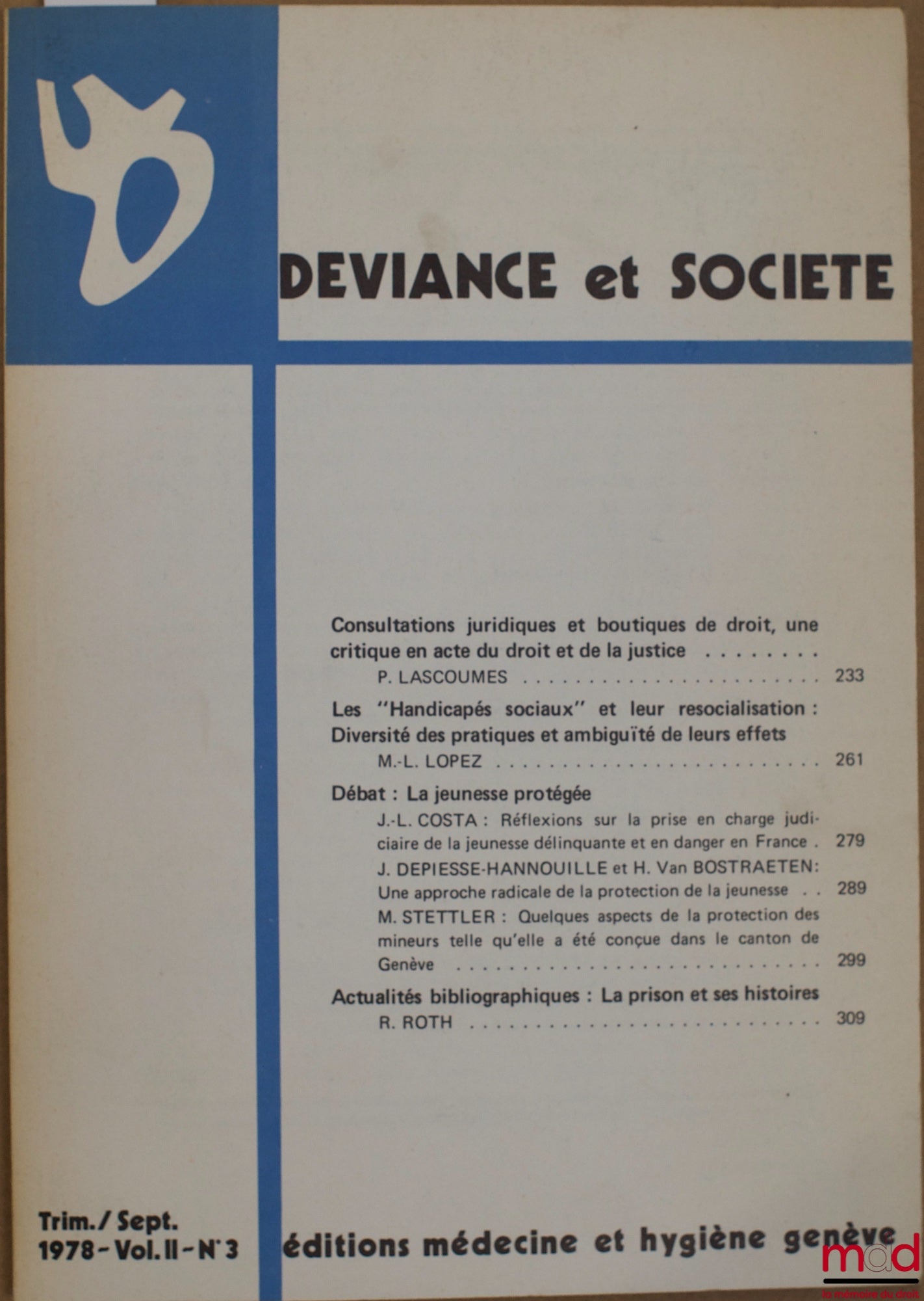 Périodique – DÉVIANCE ET SOCIÉTÉ, trim. Sept. 1978 vol. II, n° 3