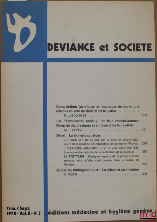 Périodique – DÉVIANCE ET SOCIÉTÉ, trim. Sept. 1978 vol. II, n° 3