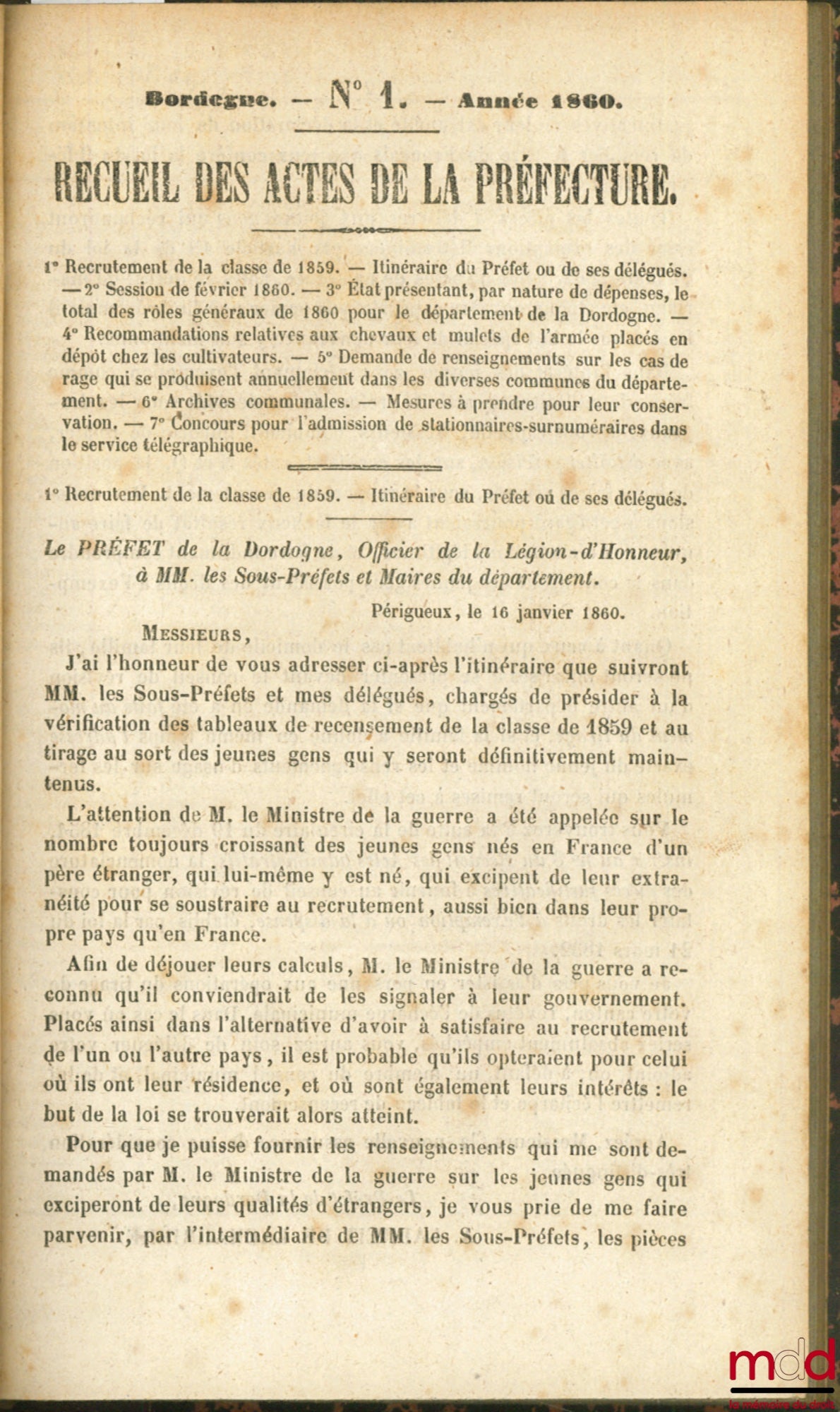 COLLECTION OF ACTS OF THE PREFECTURE OF DORDOGNE, years 1860, 1861