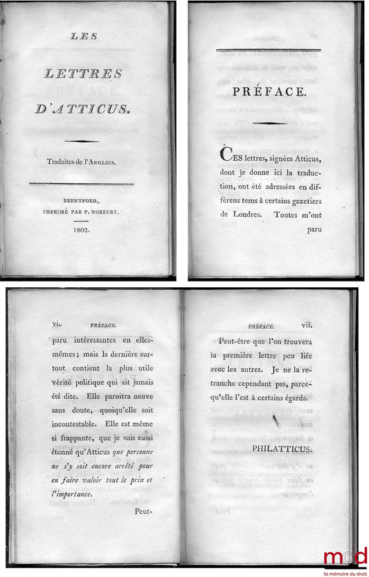 RICHARD (Fitzwilliam) (attributed to) – THE LETTERS OF ATTICUS (translated from English) and THOUGHTS OF ATTICUS