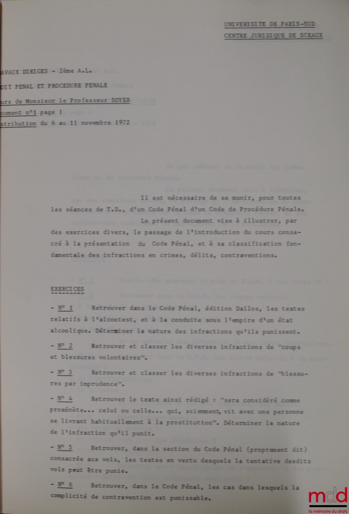 SOYER (Jean-Claude) – Course in CRIMINAL LAW AND CRIMINAL PROCEDURE, Tutorials - 2nd year Bachelor's degree, 1972-1973