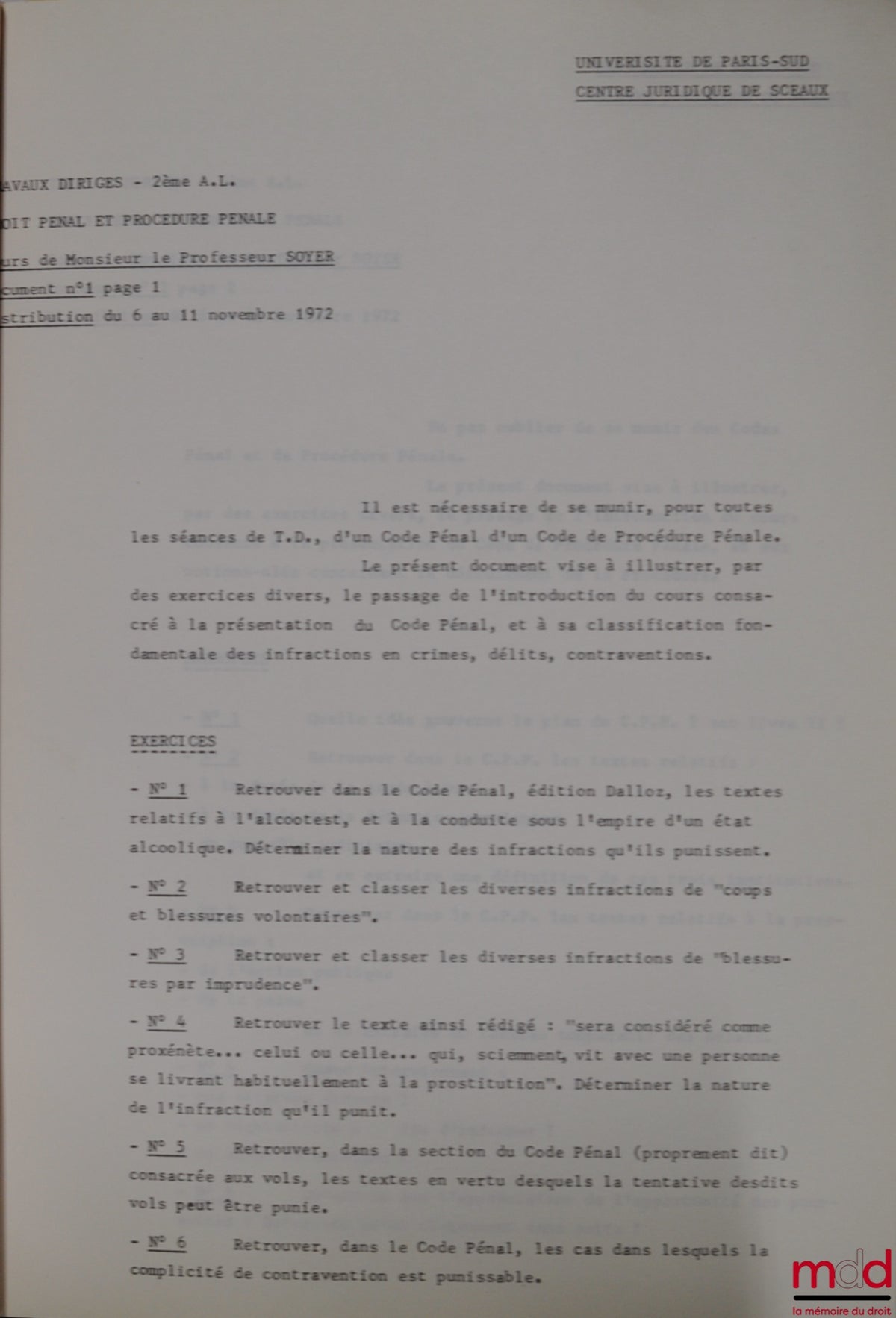 SOYER (Jean-Claude) – Course in CRIMINAL LAW AND CRIMINAL PROCEDURE, Tutorials - 2nd year Bachelor's degree, 1972-1973