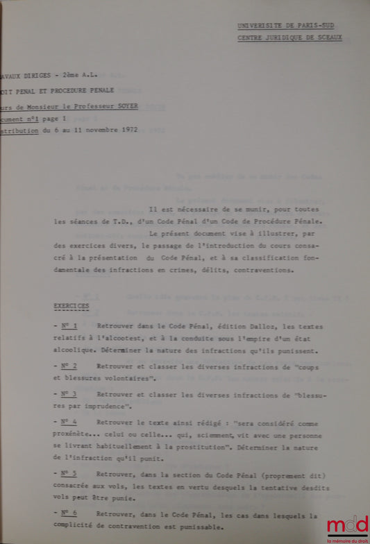 SOYER (Jean-Claude) – Course in CRIMINAL LAW AND CRIMINAL PROCEDURE, Tutorials - 2nd year Bachelor's degree, 1972-1973