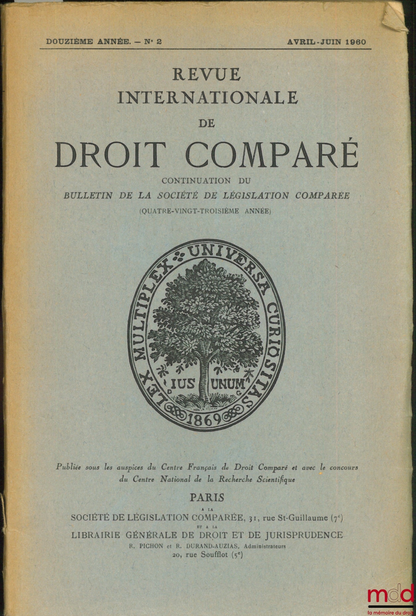 [RIDC] – REVUE INTERNATIONALE DE DROIT COMPARÉ, Continuation du Bulletin de la société de législation comparée, 12ème année, n° 2, Avril-juin 1960